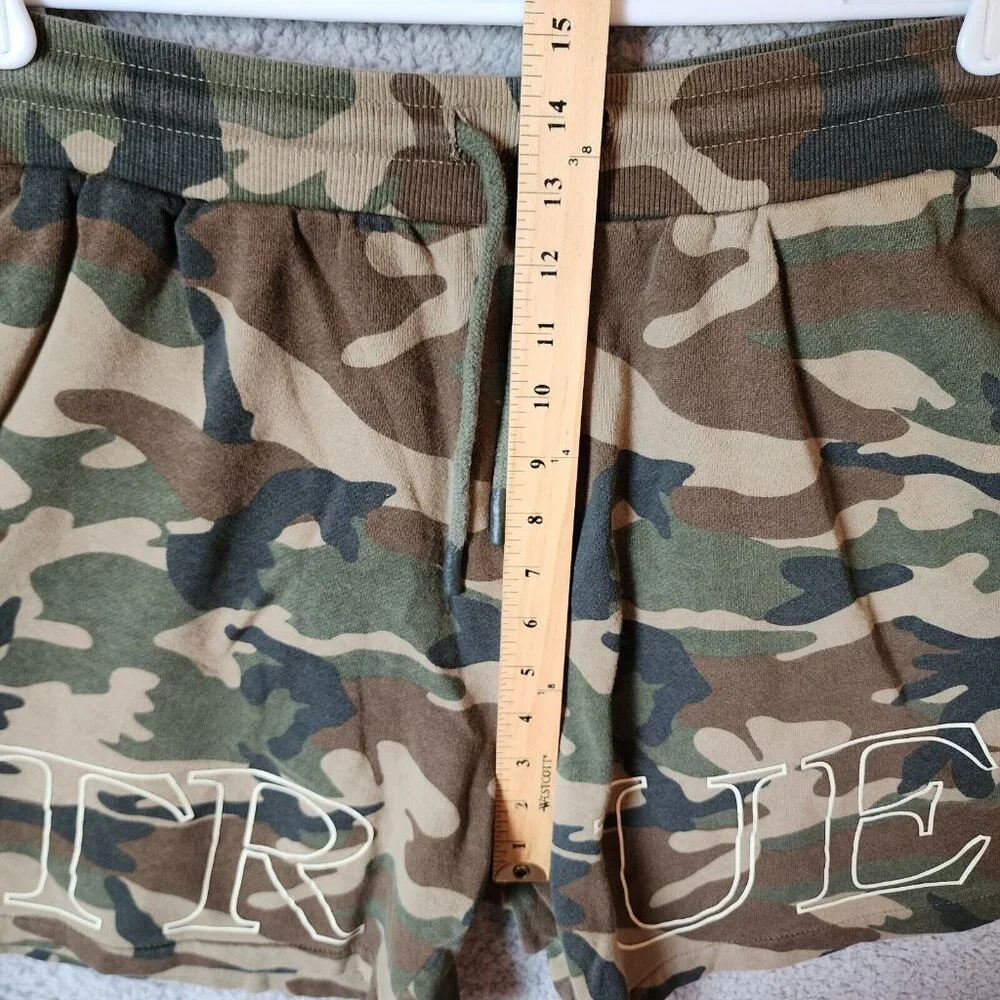 True Religion Camo Spellout Drawstring Basketball‎ Knit Shorts Size XL 36 Waist